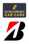 Logo combination featuring the Synchrony Car Care™ logo with bold white and yellow text on a dark background above the Bridgestone logo
